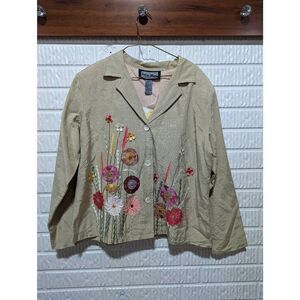 Indigo Moon Women's Tan Button Front Artsy Floral Applique Jacket Large NWT